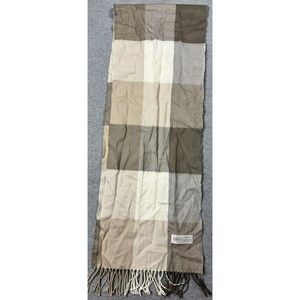 Cashmere Made in England Tan Plaid 65" Scarf With Fringe Unisex